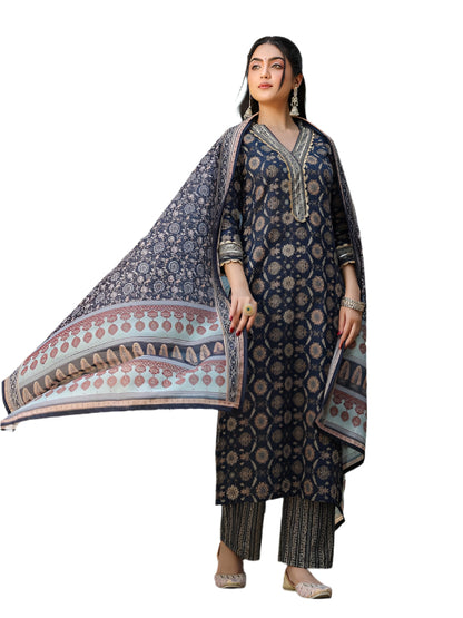 ICF Women Navy Blue Floral Cotton Kurti Set with Pant & Dupatta