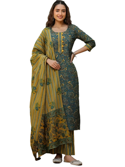 ICF Women Dark Green Floral Cotton Kurti Set with Pant & Dupatta