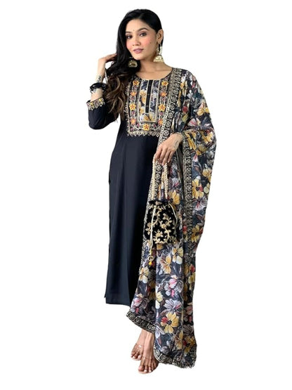 ICF Women's Roman Viscose Embroidered Kurta with Pant and Crep Silk Dupatta