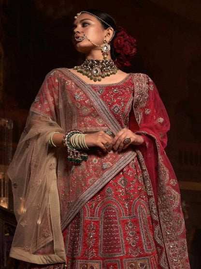 Silk Wedding Designer Bridal Wear Lehenga - 77026 Dark Red